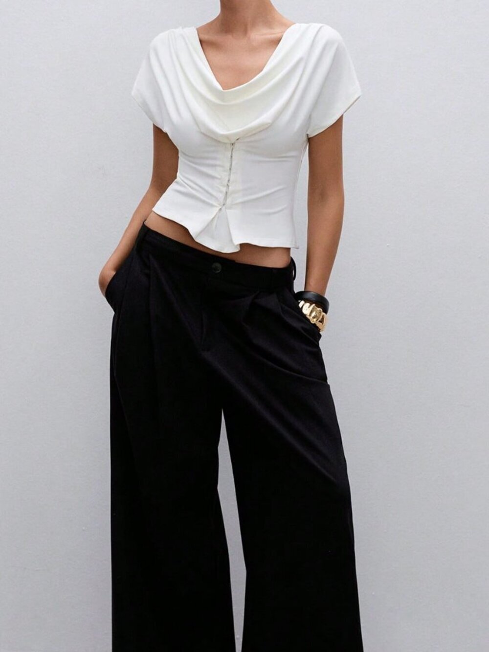 White Casual Women's Elegant Elegant Draped Collar Button-Up Fitted Blouse